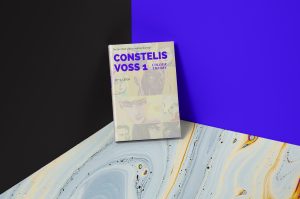 Mock up of CONSTELIS VOSS: Colour Theory rests against the corner of a blue and black wall.
